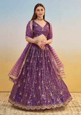 Purple Net Fabric Lehenga with Sequin & Thread Work 4