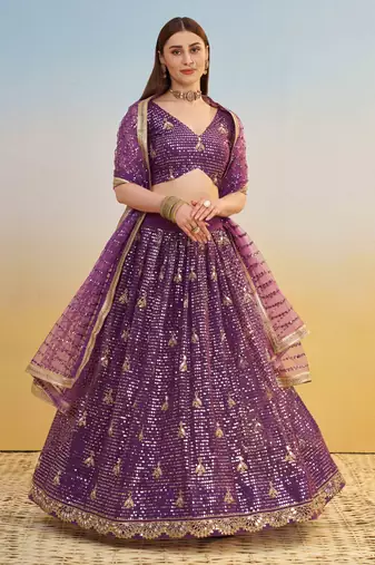 Purple Net Fabric Lehenga with Sequin & Thread Work