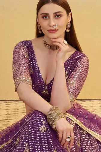 Purple Net Fabric Lehenga with Sequin & Thread Work