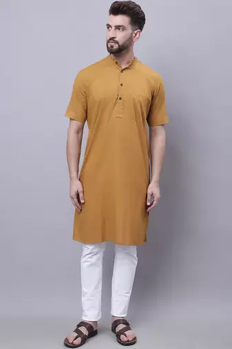 men’s yellow cotton short sleeve kurta