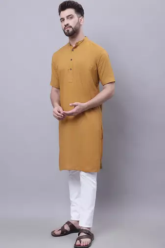 men’s yellow cotton short sleeve kurta