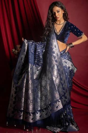 Navyblue silk blend sarees with blouse