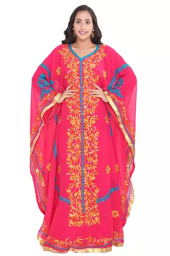 Flowy Peach Georgette Stitched Kaftan with Intricate Gold Threadwork and Floral Aari work