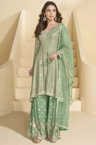 Light green georgette embroidered designer plazzo suit