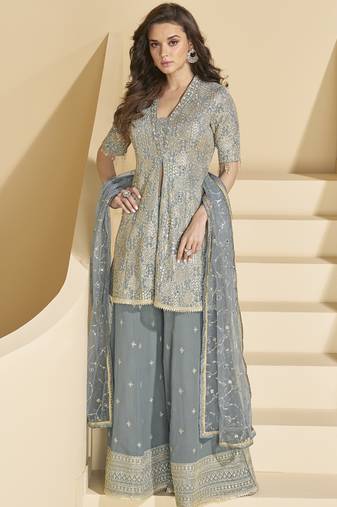Grey georgette embroidered designer plazzo suit