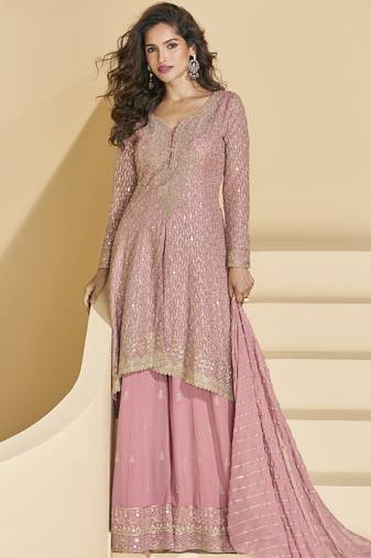 Peach georgette embroidered designer plazzo suit