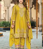 Yellow chinon silk embroidered designer Palazzo suit