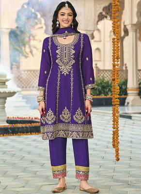 Violet chinon silk embroidered designer Palazzo suit 1