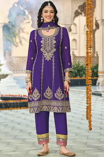 Violet chinon silk embroidered designer plazzo suit