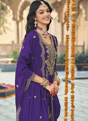 Violet chinon silk embroidered designer Palazzo suit 2