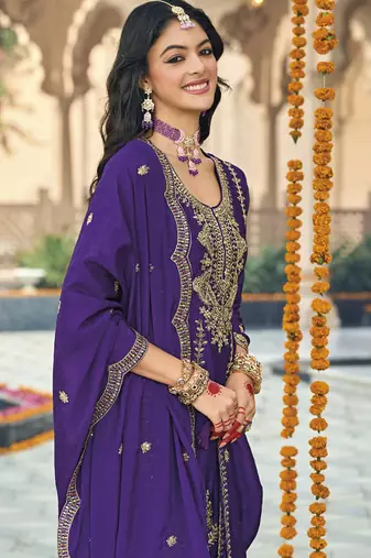 Violet chinon silk embroidered designer Palazzo suit