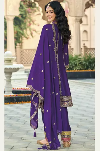 Violet chinon silk embroidered designer Palazzo suit