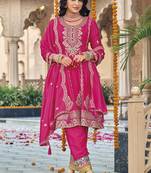 Pink chinon silk embroidered designer Palazzo suit