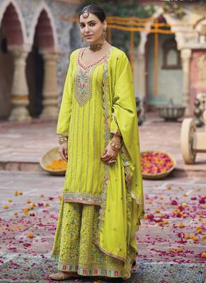Lime green chinon silk embroidered designer Palazzo suit 1