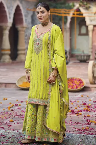 Lime green chinon silk embroidered designer plazzo suit
