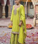 Lime green chinon silk embroidered designer Palazzo suit