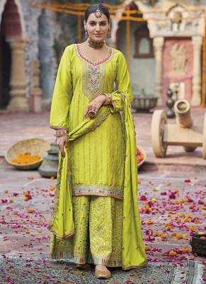 Lime green chinon silk embroidered designer Palazzo suit 2