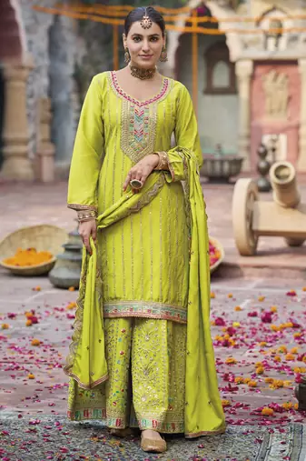Lime green chinon silk embroidered designer Palazzo suit