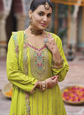 Lime green chinon silk embroidered designer Palazzo suit 3