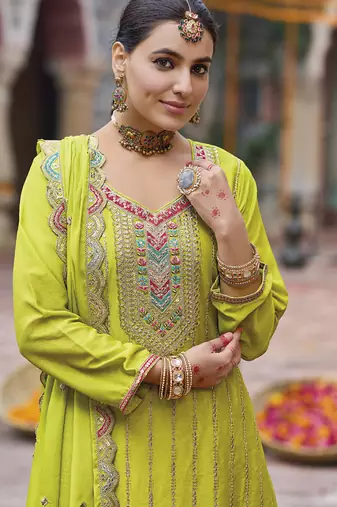 Lime green chinon silk embroidered designer Palazzo suit