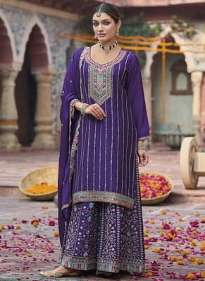 Violet chinon silk embroidered designer Palazzo suit 1
