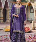 Violet chinon silk embroidered designer Palazzo suit