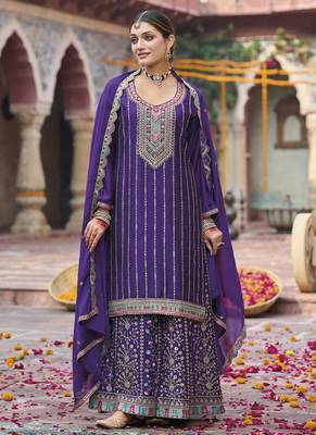 Violet chinon silk embroidered designer Palazzo suit 2