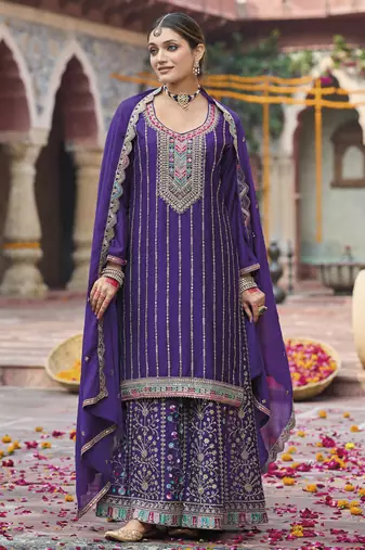 Violet chinon silk embroidered designer Palazzo suit