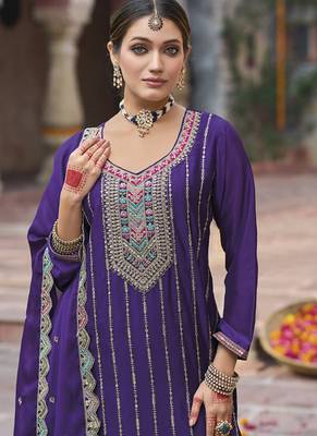 Violet chinon silk embroidered designer Palazzo suit 3