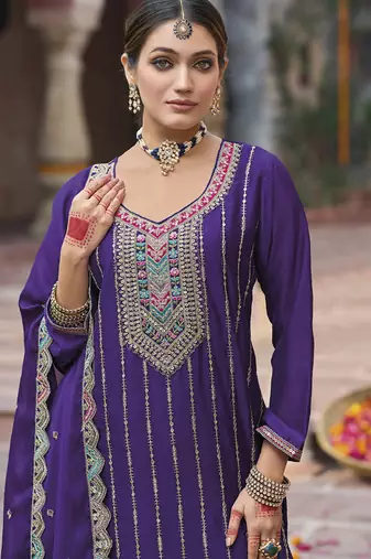 Violet chinon silk embroidered designer Palazzo suit