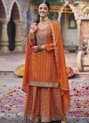 Orange chinon silk embroidered designer Palazzo suit 1