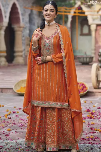 Orange chinon silk embroidered designer plazzo suit