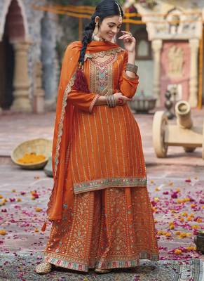 Orange chinon silk embroidered designer Palazzo suit 2
