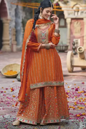 Orange chinon silk embroidered designer Palazzo suit