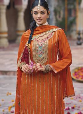 Orange chinon silk embroidered designer Palazzo suit 3