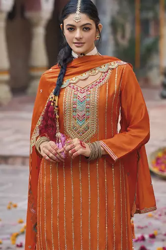 Orange chinon silk embroidered designer Palazzo suit