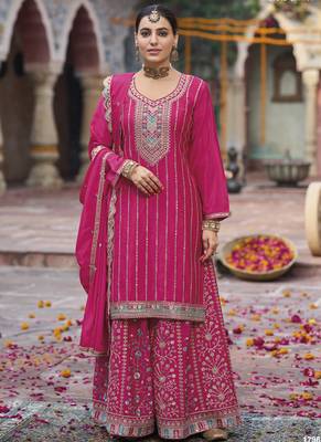 Pink chinon silk embroidered designer Palazzo suit 1