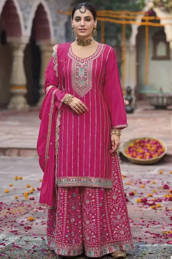 Pink chinon silk embroidered designer plazzo suit