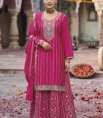 Pink chinon silk embroidered designer Palazzo suit