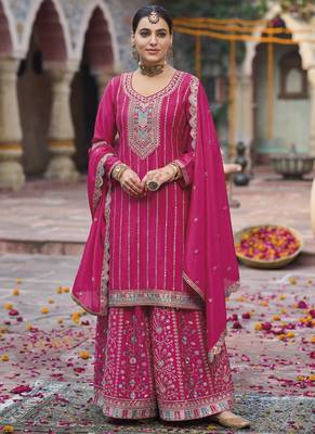 Pink chinon silk embroidered designer Palazzo suit 2