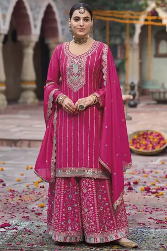 Pink chinon silk embroidered designer Palazzo suit