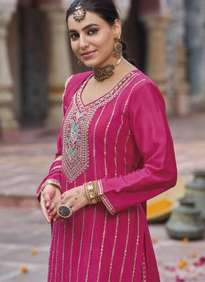 Pink chinon silk embroidered designer Palazzo suit 3