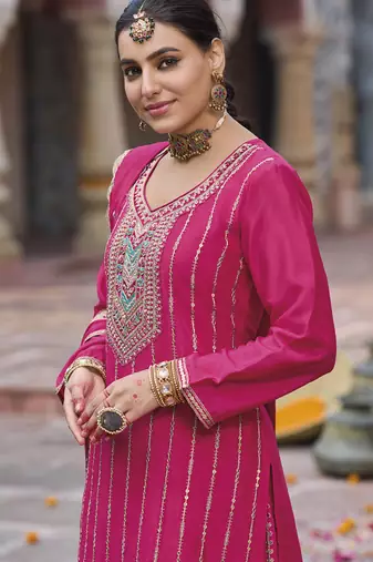 Pink chinon silk embroidered designer Palazzo suit