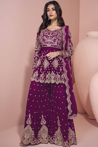 Wine georgette embroidereddesigner sharara suit