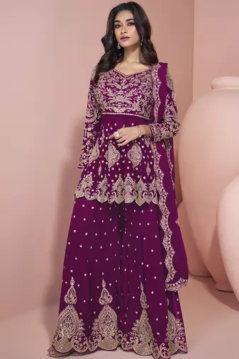 Wine georgette embroidereddesigner sharara suit