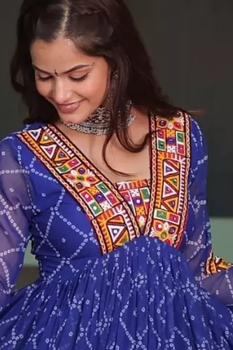 Navratri style royal blue faux georgette anarkali gown with bandhani print & kutchi patchwork-Full stitched Free Size