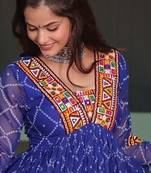 Navratri style royal blue faux georgette anarkali gown with bandhani print & kutchi patchwork-Full stitched Free Size