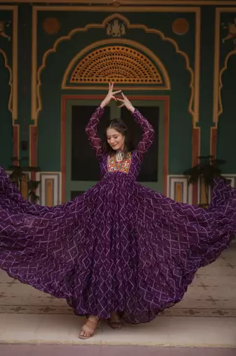 Navratri style royal purple  faux georgette anarkali gown with bandhani print & kutchi patchwork-Full stitched Free Size