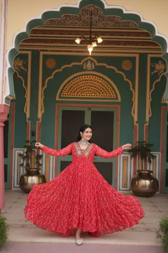 Navratri style royal red faux georgette anarkali gown with bandhani print & kutchi patchwork-Full stitched Free Size
