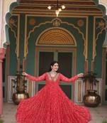 Navratri style royal red faux georgette anarkali gown with bandhani print & kutchi patchwork-Full stitched Free Size